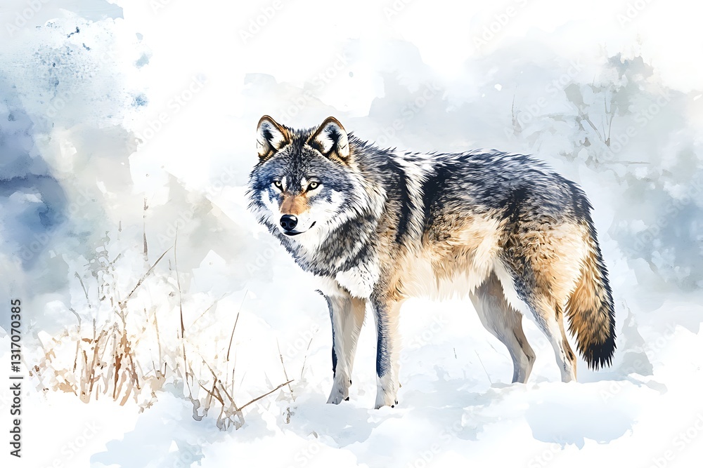 Obraz premium Watercolor wolf in winter digital artwork scene 