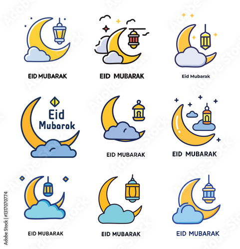 Set of colorful Eid Mubarak crescent moon and lanterns
