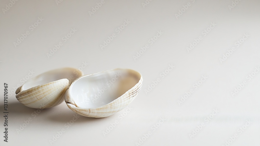 Soft light illuminates delicate seashells subtly arranged on pale surface. AI Generated Soft light illuminates delicate seashells subtly arranged on pale surface. AI Generated