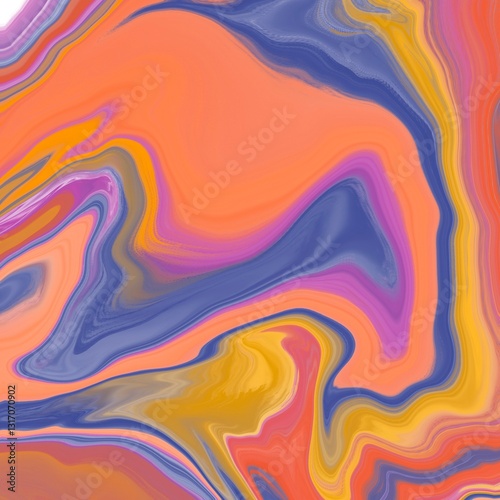 Abstract painting featuring swirling patterns in shades of orange, purple, blue, and yellow. The fluid motion of the colors creates a marbled effect, with seamless transitions and a sense of depth. 