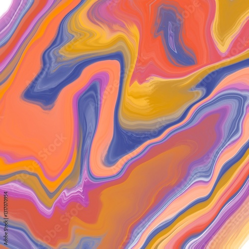 Abstract artwork featuring swirling patterns of vibrant colors including orange, blue, yellow, and pink. The texture appears smooth with gentle undulations, evoking a sense of organic fluidity.