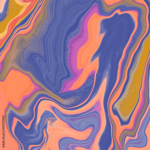 Abstract digital artwork featuring fluid, swirling patterns in vibrant hues of blue, orange, pink, purple, and mustard yellow.