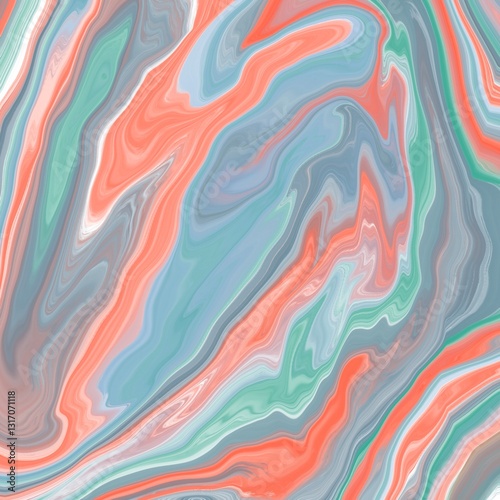 Abstract fluid art featuring swirling patterns of coral, mint green, and gray-blue. The colors blend seamlessly, creating a marbled effect reminiscent of agate stone.