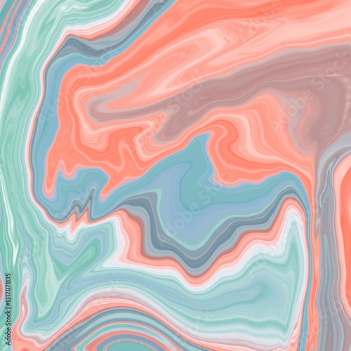 Abstract design featuring swirling patterns in soft pastel tones of coral, mint green, and light gray. 