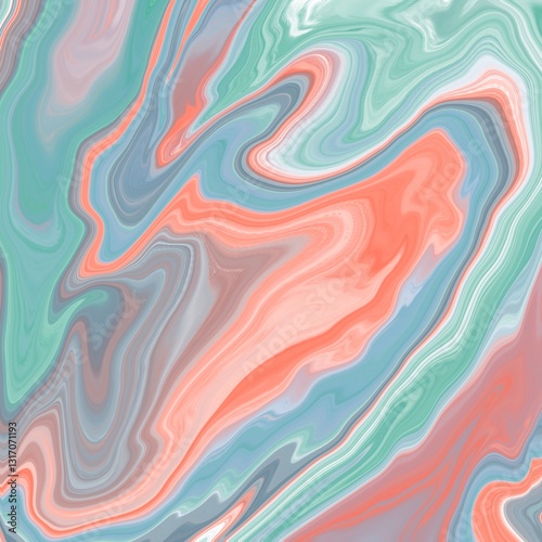 Abstract marble design with swirling patterns featuring soft coral, teal, and gray hues. The flowing lines create a sense of movement, blending seamlessly into one another