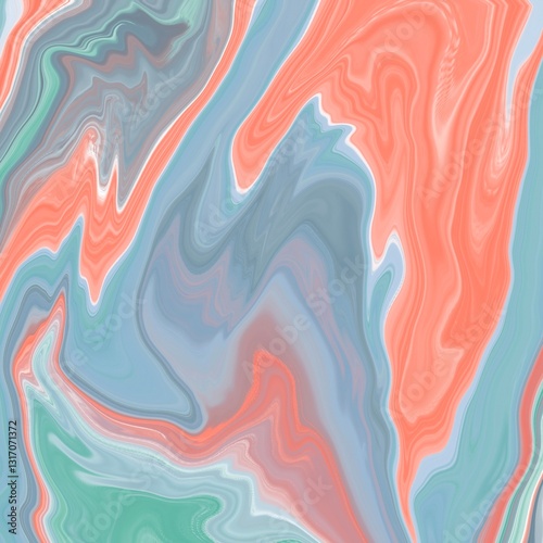 Abstract marble-like pattern featuring swirling colors of coral, blue, green, and white. The fluid design creates a sense of movement with its wavy lines and smooth transitions between hues
