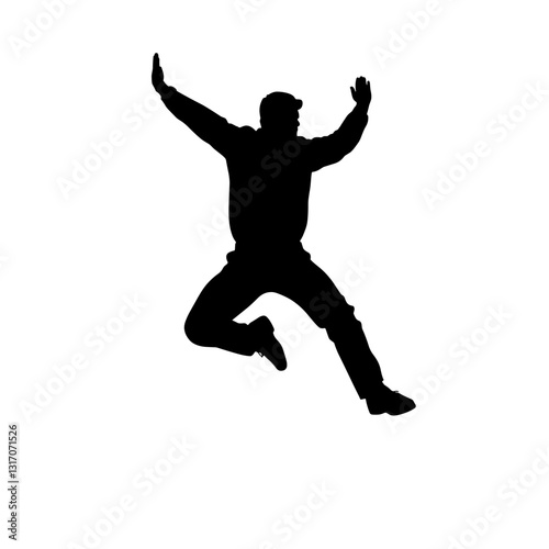 Silhouette of a person jumping with arms raised without a background