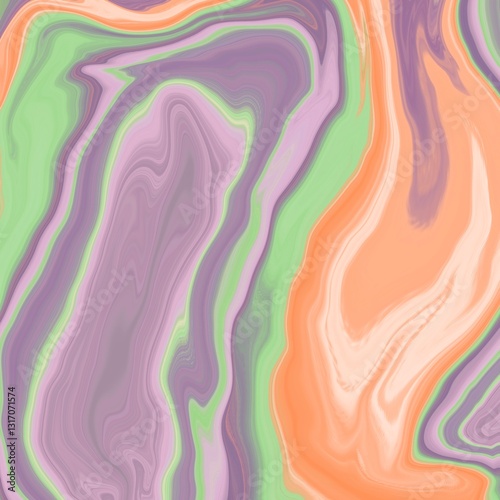 Abstract art featuring swirling patterns in pastel hues of green, orange, and lavender. The design resembles organic, fluid shapes with smooth, flowing lines, creating a marbled effect.