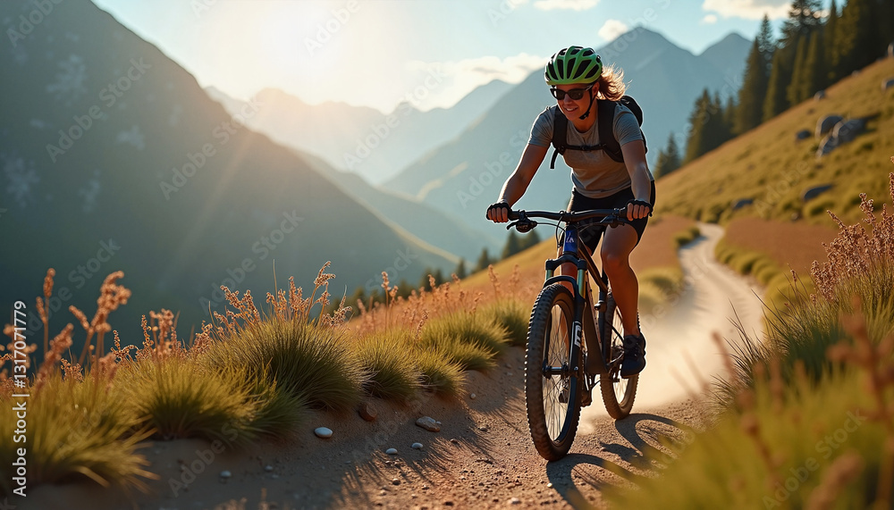 Fototapeta premium Young man enjoying healthy lifestyle biking on mountain trail during sunset