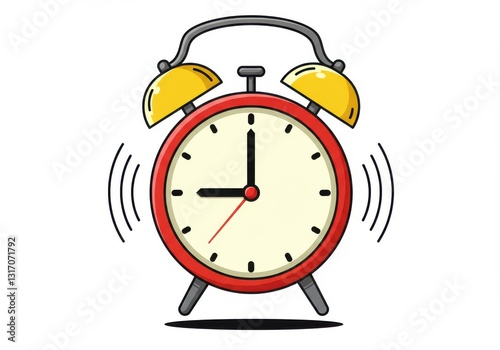 Cartoon alarm clock, red and yellow, ringing bells, vibrating motion lines, white background, classic design, iconic imagery, simple illustration