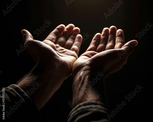 Open hands with their palms outstretched on a dark background