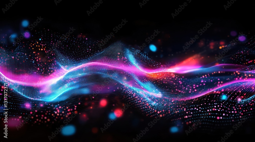 Abstract Digital Wave Of Bright Blue And Pink Particles On Black Background Abstract Digital Wave Of Bright Blue And Pink Particles On Black Background