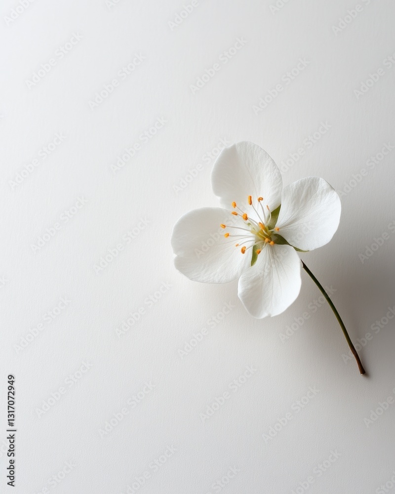 Fototapeta premium Minimalist floral composition featuring a delicate white blossom on a clean bright white background creating a serene and peaceful visual mood
