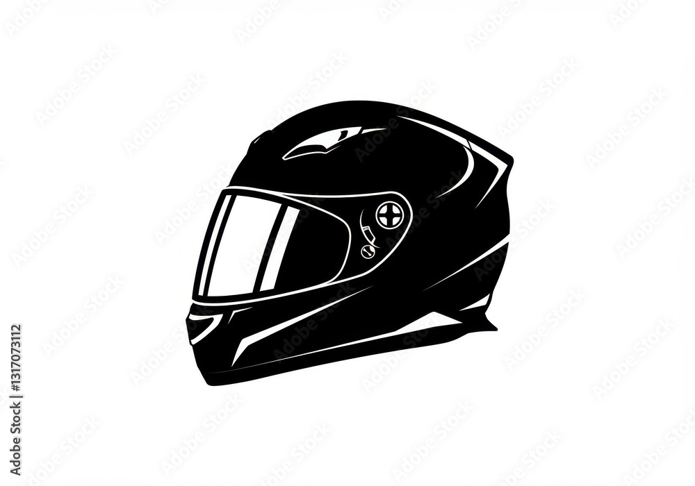 Fototapeta premium Motorcycle helmet icon, black and white graphic, sleek design, minimalist illustration, racing gear, safety equipment, bold silhouette, front view