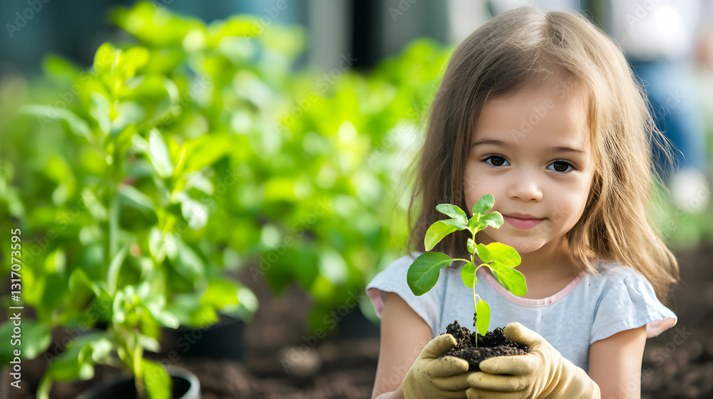A young girl holding a small seedling, her eyes filled with hope, ready to plant it in the soi A young girl holding a small seedling, her eyes filled with hope, ready to plant it in the soi