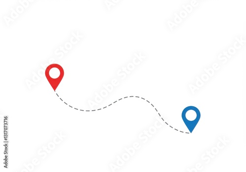 Minimalist route map, red start point marker, blue end point marker, gray dotted line path, curved journey, simple design, clean background, navigation concept
