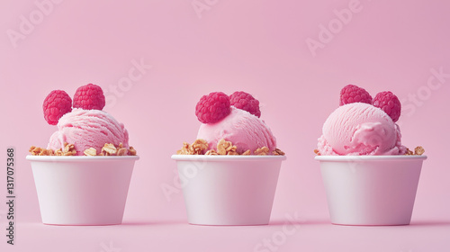 Triple scoop raspberry ice cream with granola photo