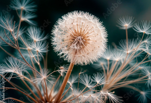 ethereal elegance of a dandelion's seed head, adorned with its intricate patterns and whispered potential of fresh starts borne upon gentle breeze - generated by ai photo