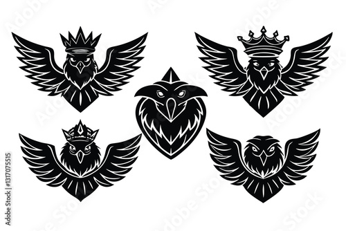 Eagle heads heads black vector, eagle in flight silhouette vector, Black eagle head vector illustration set, black and white bird head