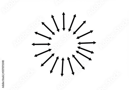 black arrows radiating outward, circular pattern, simple graphic design, minimalist illustration, symmetrical composition