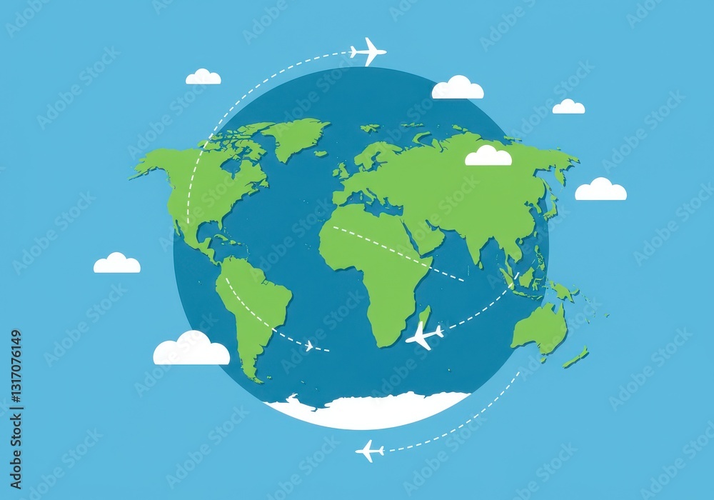 Naklejka premium Globe, Earth, airplane, travel, world map, continents, clouds, flight path, blue background, green landmasses, white silhouettes, flat design, simplified