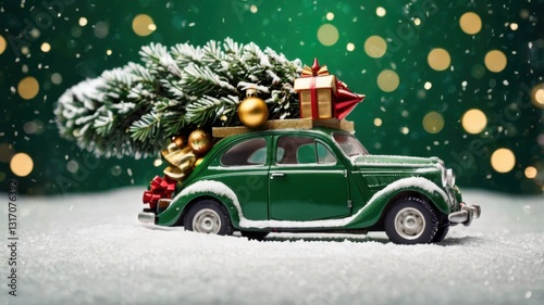 A small, green 3D toy car carrying a Christmas tree on its roof. A festive and cheerful holiday scene with a cute and playful touch