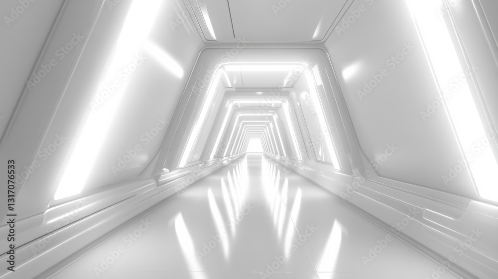 Bright and modern corridor with reflective surfaces and neon lighting creating a futuristic atmosphere Bright and modern corridor with reflective surfaces and neon lighting creating a futuristic atmosphere