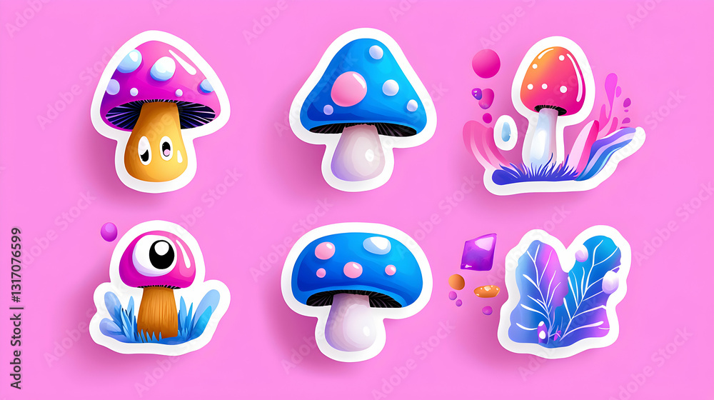 Whimsical Colorful Mushroom Stickers Set on Pink Background Whimsical Colorful Mushroom Stickers Set on Pink Background