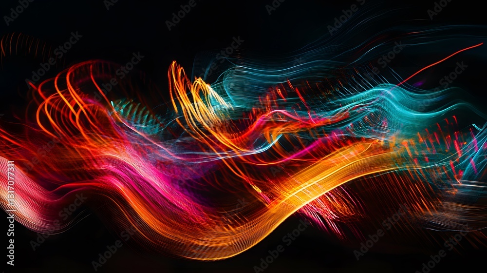 Fototapeta premium Vivid neon light streaks pulsating across a dark canvas, creating a dynamic and futuristic abstract art piece