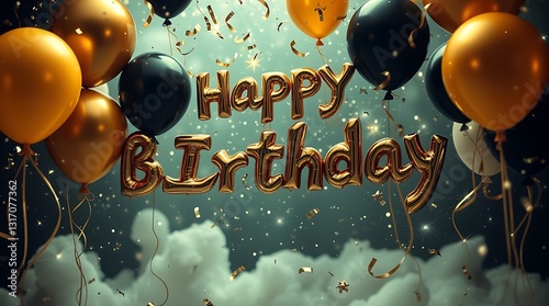 A Celebratory Golden Happy Birthday Message Surrounded By Elegant Black And Gold Balloons Floating Amidst A Dreamy, Confetti-filled Sky