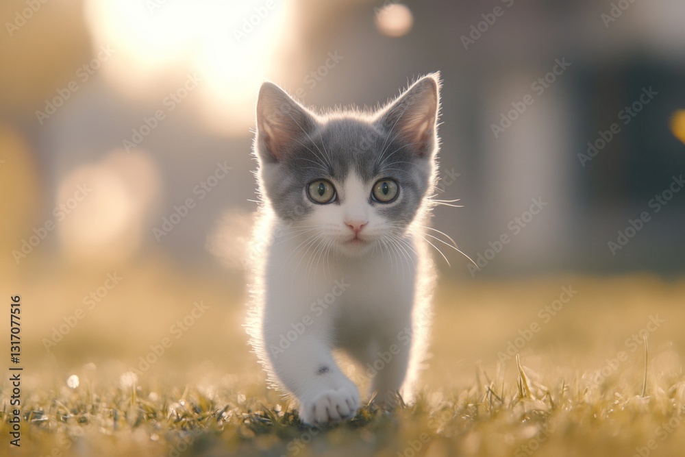 Adorable gray and white cat running on grass – professional close-up with soft lighting and cinematic bokeh Adorable gray and white cat running on grass – professional close-up with soft lighting and cinematic bokeh