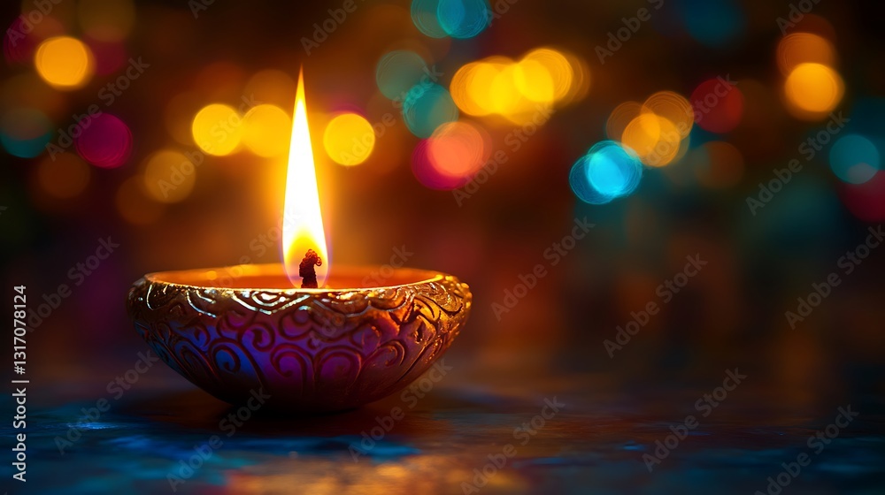 Elegant composition highlighting a solitary diya lamp's flame burning vibrantly, traditional Hindu patterns intricately detailed on the lamp, festive multicolor bokeh background softly blurred, Elegant composition highlighting a solitary diya lamp's flame burning vibrantly, traditional Hindu patterns intricately detailed on the lamp, festive multicolor bokeh background softly blurred,
