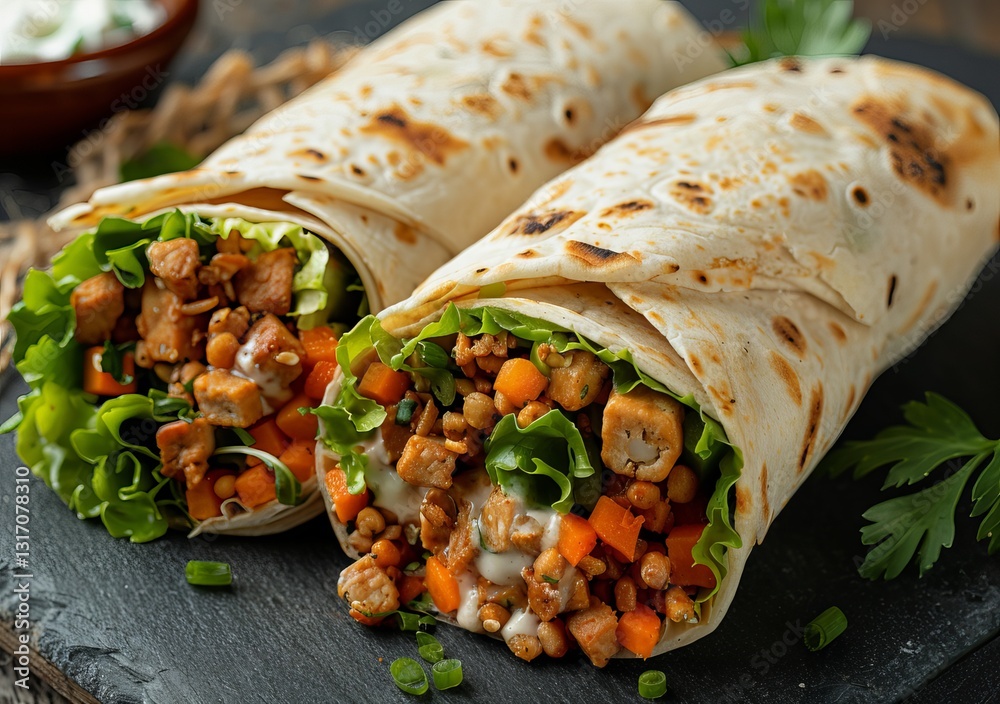 Delicious Tempeh Wrap with Lettuce Carrots Yogurt Filling on Flat Lay Delicious Tempeh Wrap with Lettuce Carrots Yogurt Filling on Flat Lay