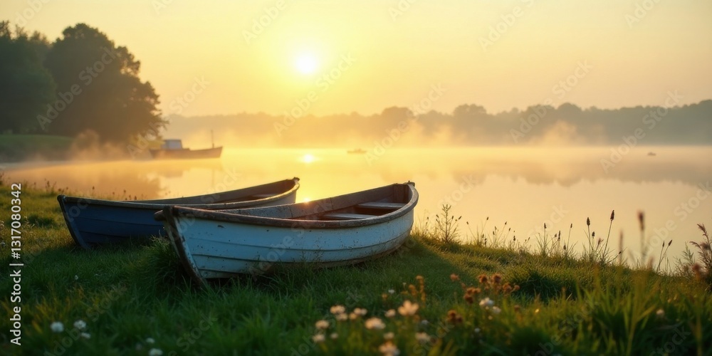 Serene sunrise illuminates tranquil lake with two small rowboats resting peacefully on grassy shore Serene sunrise illuminates tranquil lake with two small rowboats resting peacefully on grassy shore