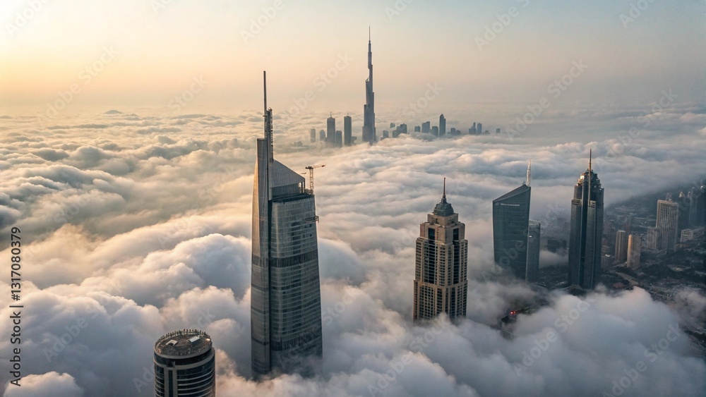 Obraz premium Majestic cityscape emerges above a sea of clouds, showcasing skyscrapers piercing through the fog in a breathtaking aerial view. 