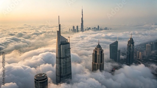 Majestic cityscape emerges above a sea of clouds, showcasing skyscrapers piercing through the fog in a breathtaking aerial view.
