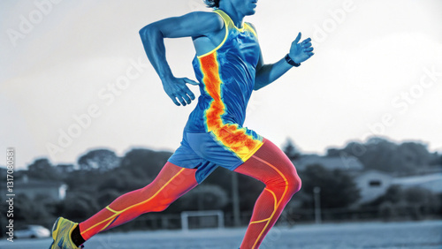 Thermal imaging of athlete running outdoors, highlighting muscle heat distribution