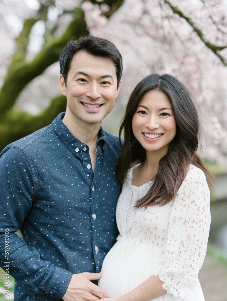 Portrait of a smiling asian couple posing outdoor with blooming cherry blossom trees in background, man in blue shirt and woman in white dress Portrait of a smiling asian couple posing outdoor with blooming cherry blossom trees in background, man in blue shirt and woman in white dress
