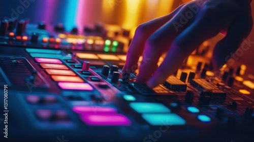DJ hand controls vibrant audio equipment at night club
