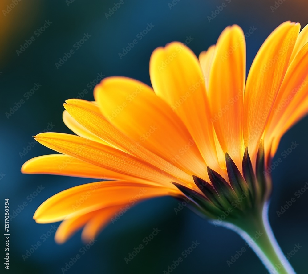 Fototapeta premium Intimate macro shot of an orange marigold – moody dark tones with soft bokeh background