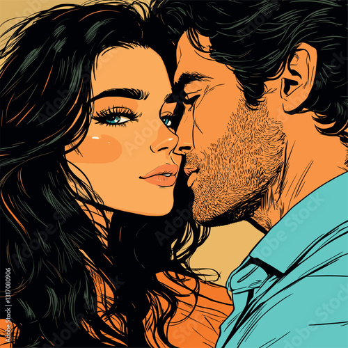 comic book style very very pretty girl with long hair smitten over a handsome man

