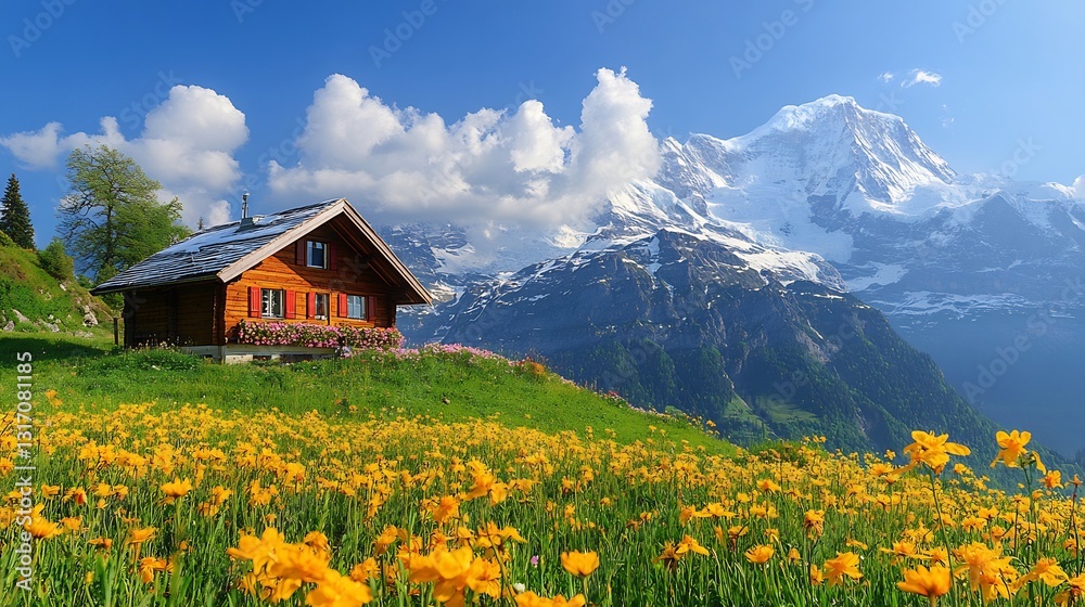 Fototapeta premium Rustic mountain cabin nestled peacefully in vibrant yellow wildflowers bathed in warm sunlight. AI Generated