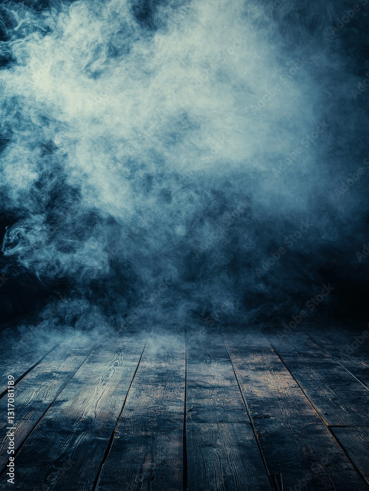 Moody, smoky scene: dark wood planks under a hazy blue atmosphere Moody, smoky scene: dark wood planks under a hazy blue atmosphere