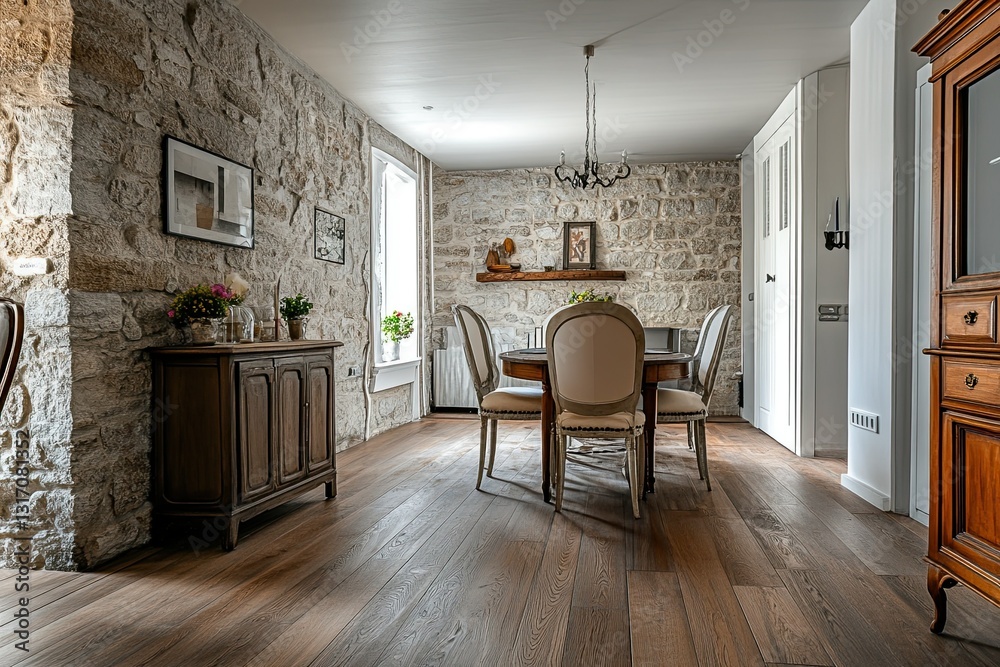 Fototapeta premium Elegant dining room with stone walls and wooden furniture in a rustic style