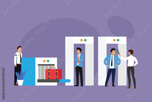 Airport Security Checkpoint with Screening and Baggage Scanning 2d flat vector illustrations