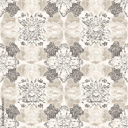 Seamless floral and damask pattern with vintage flowers and ornate details in a retro design