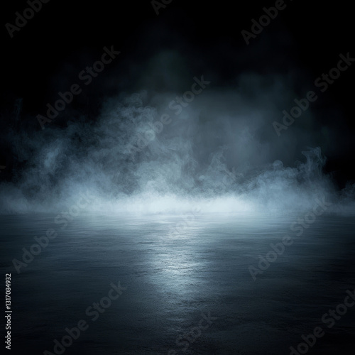 Dark, moody scene: misty ground, smoky atmosphere
