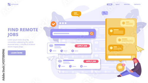 Online service for freelancers, find jobs and projects, hire remote workers. Flat design concept with characters for landing page. Vector illustration for website, banner, print.