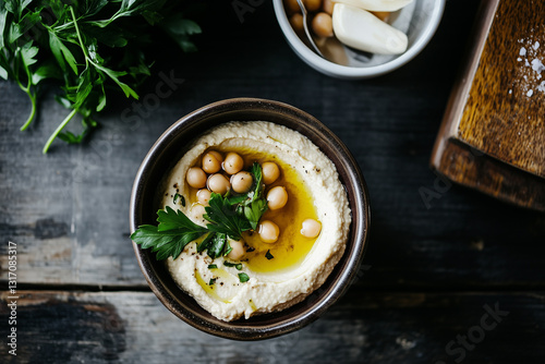 Delicious hummus with olive oil, chickpeas and parsley in bowl. National Hummus Day