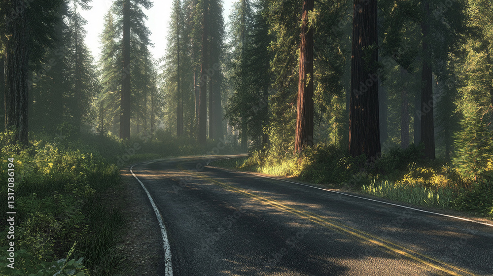Serene Forest Road through Majestic Redwoods Serene Forest Road through Majestic Redwoods